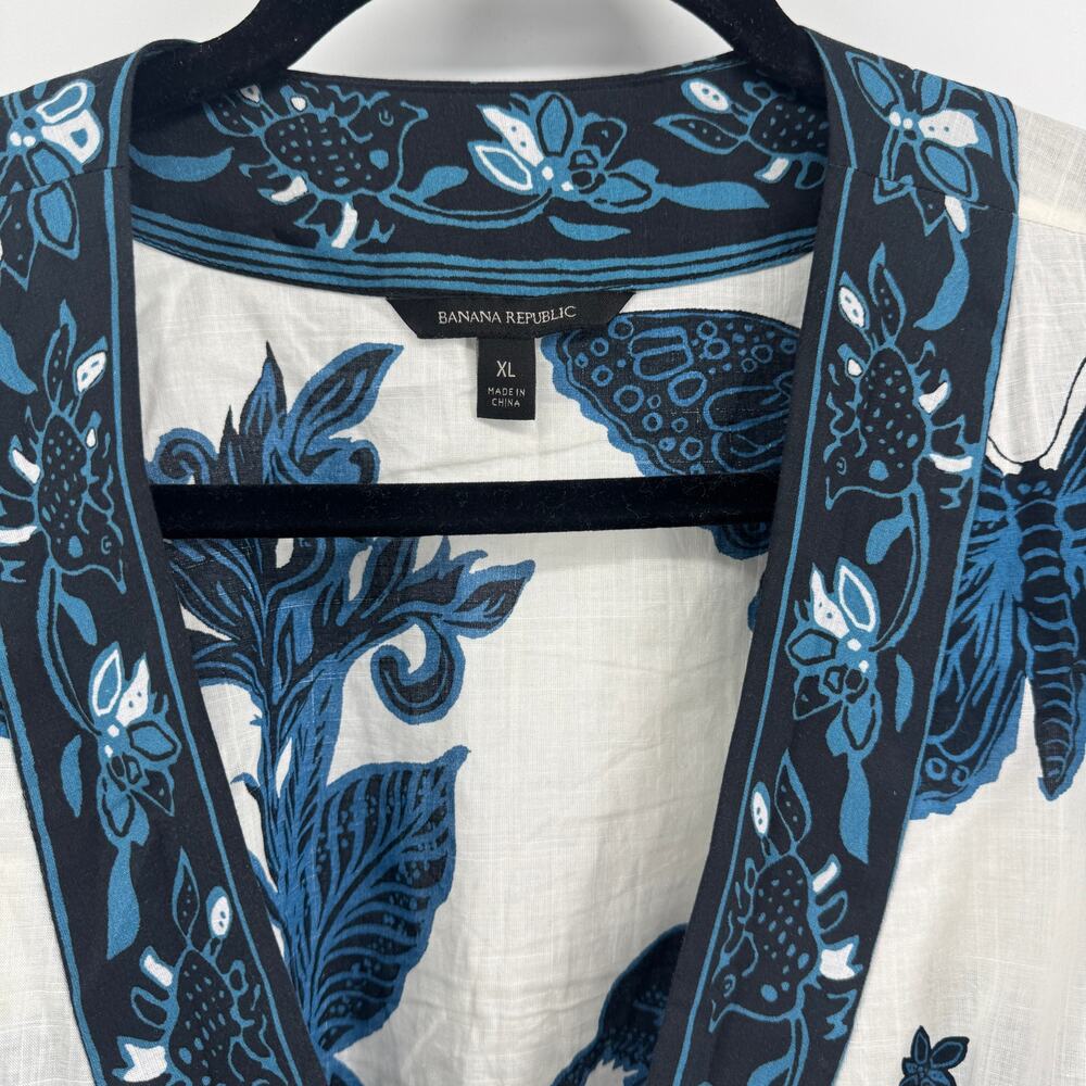 Banana Republic Balloon-Sleeve Wrap Floral Size XL Butterflies Cotton Blue - Picture 3 of 7